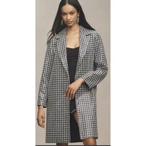 Anthropologie Mare Mare Sejuin Tweed Long Coat Black & White Pattern Sz XXS NWT